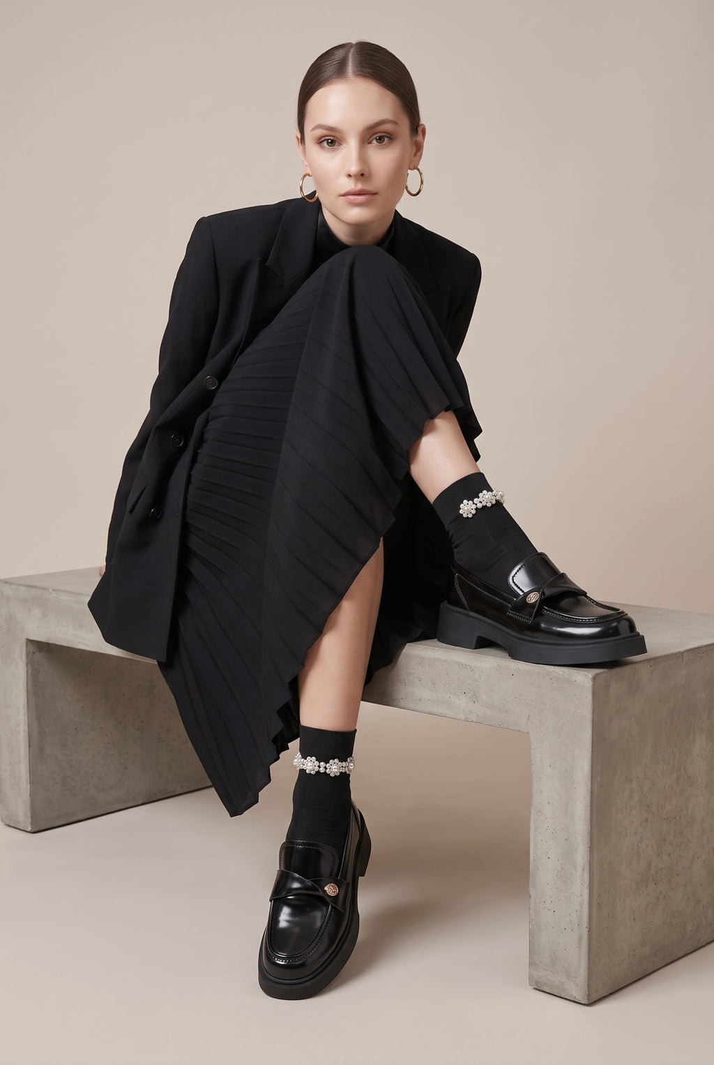Ondine | French Gold Coin Loafers Chunky Heel Slip-On Round-Toe Leather Shoes