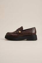 Ondine | French Gold Coin Loafers Chunky Heel Slip-On Round-Toe Leather Shoes