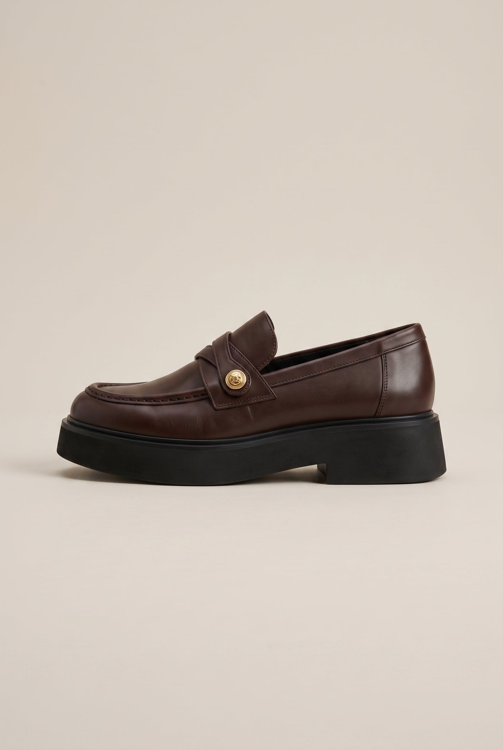 Ondine | French Gold Coin Loafers Chunky Heel Slip-On Round-Toe Leather Shoes