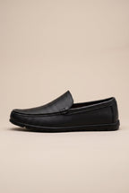 Ombre | Men's Black Leather Slip-On Loafers Cowhide Round Toe Business Casual Shoes