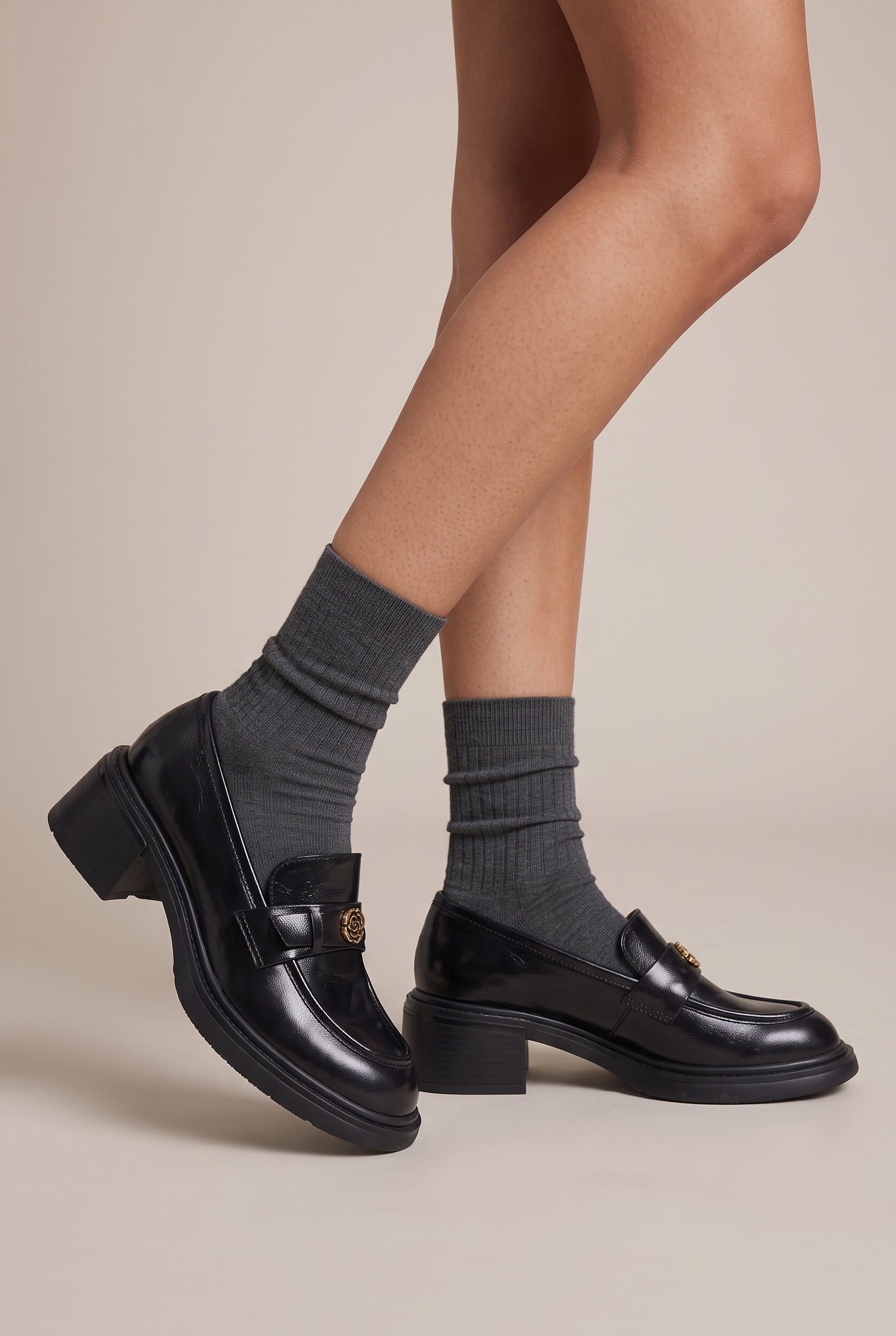 Ondine | Genuine Leather Block Heel Loafers Round-Toe Slip-On Camellia British Shoes