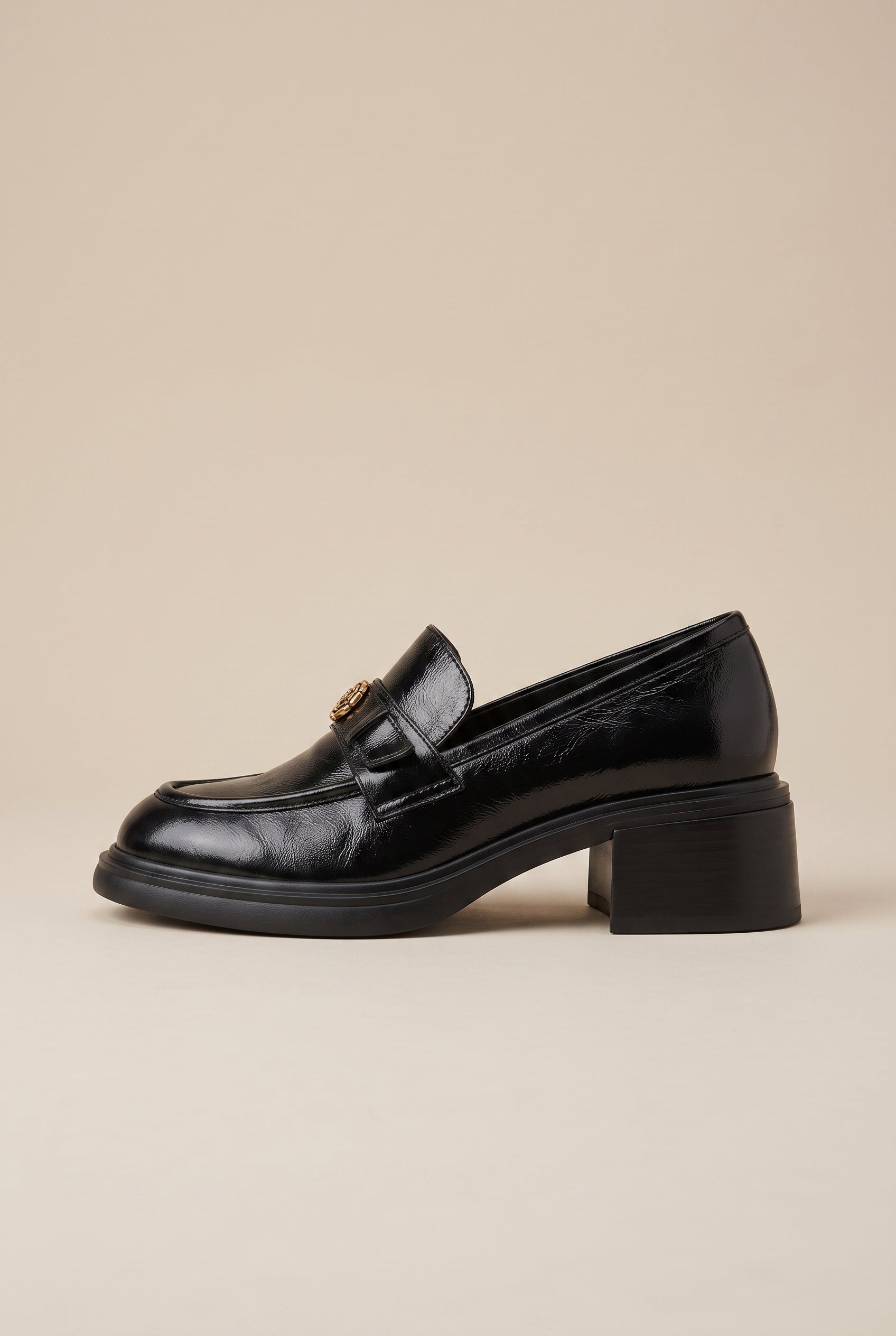 Ondine | Genuine Leather Block Heel Loafers Round-Toe Slip-On Camellia British Shoes