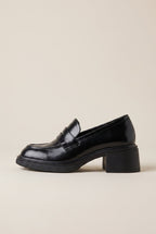 Ondine | Genuine Leather Block Heel Loafers Round-Toe Slip-On Camellia British Shoes