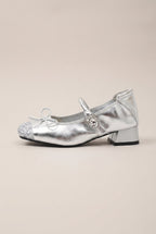 Ondine | Women's Ballet Rhinestone Bow Mary Jane Shoes Square-Toe Block Heel Satin Flats