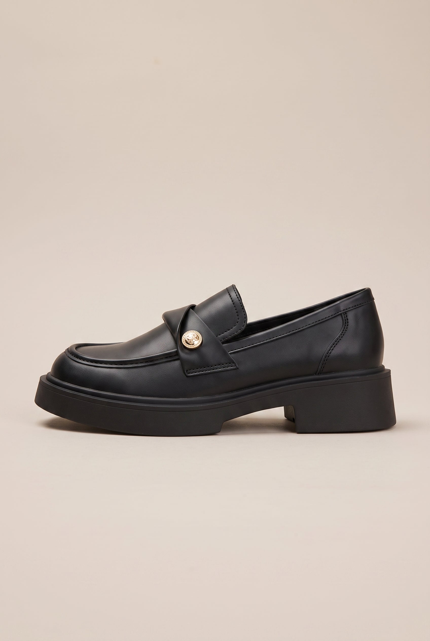 Ondine | French Gold Coin Loafers Chunky Heel Slip-On Round-Toe Leather Shoes