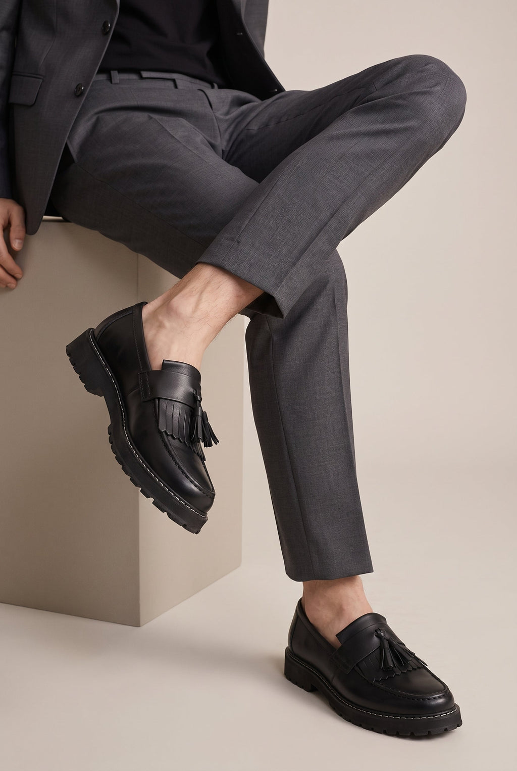 Repere | Men's Leather Tassel Loafers Slip-On Wedge Round-Toe British Casual Shoes