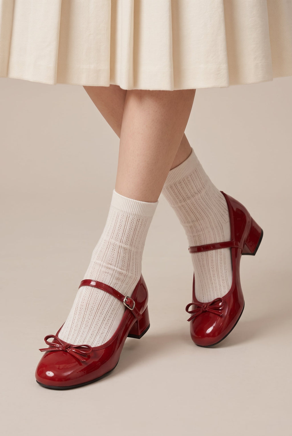 Ondine | French Bow Red Mary Jane Block Heel Round-Toe Buckle Shoes