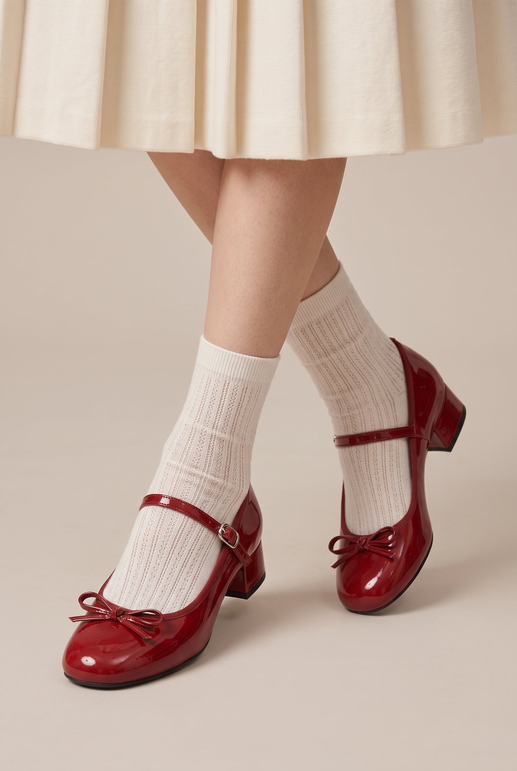 Ondine | French Bow Red Mary Jane Block Heel Round-Toe Buckle Shoes