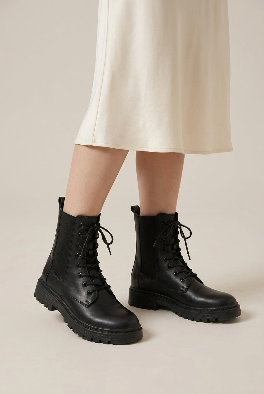 Constance | Women's Leather-Look Lace-Up Ankle Boots Round-Toe Block Heel Combat Boots