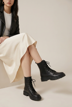 Constance | Women's Leather-Look Lace-Up Ankle Boots Round-Toe Block Heel Combat Boots