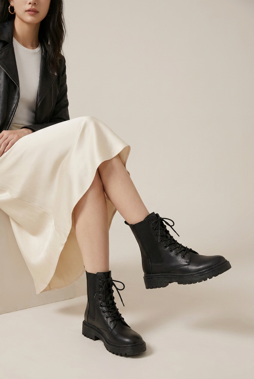 Constance | Women's Leather-Look Lace-Up Ankle Boots Round-Toe Block Heel Combat Boots