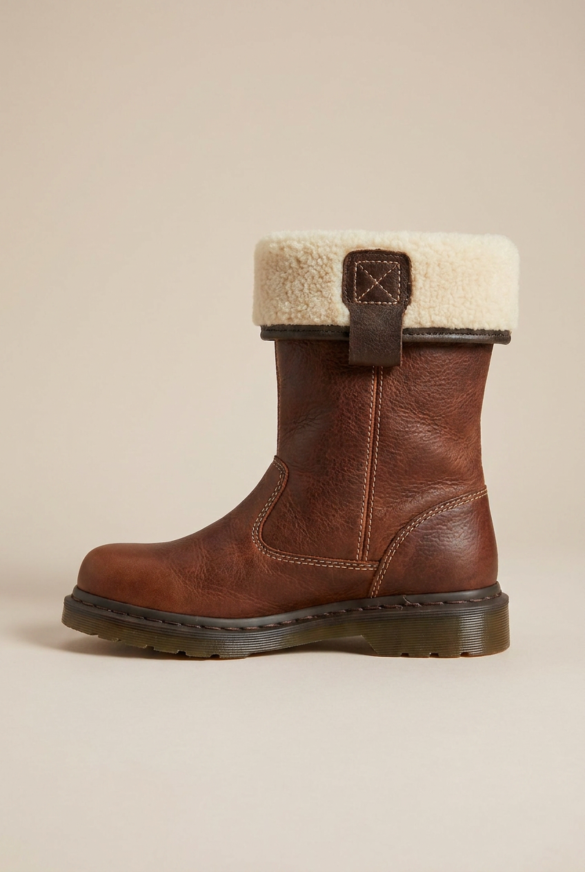 Margaux | Women's Leather Fur-Lined Ankle Boots Round-Toe Flat Pull-On Winter Boots