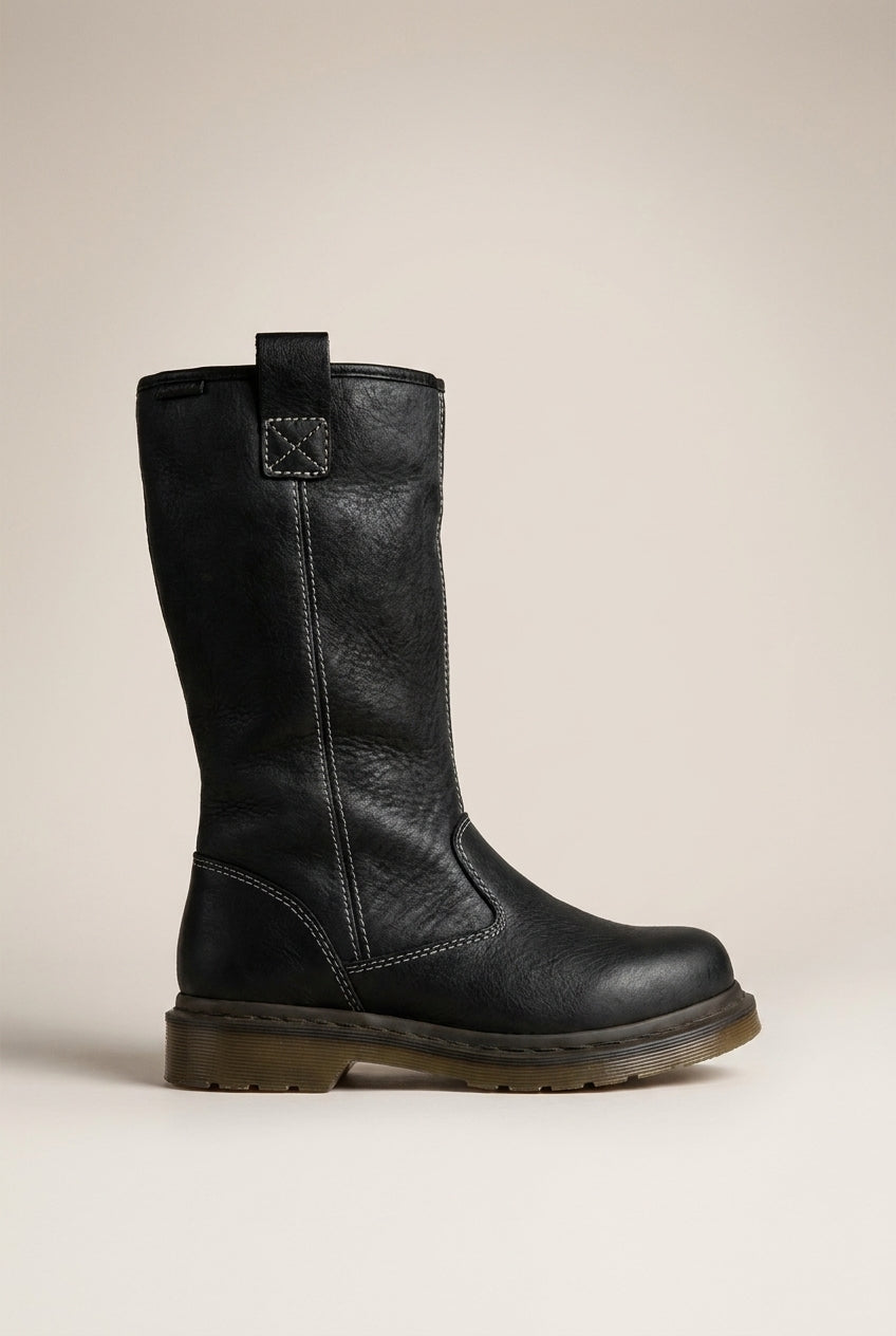 Margaux | Women's Leather Fur-Lined Ankle Boots Round-Toe Flat Pull-On Winter Boots