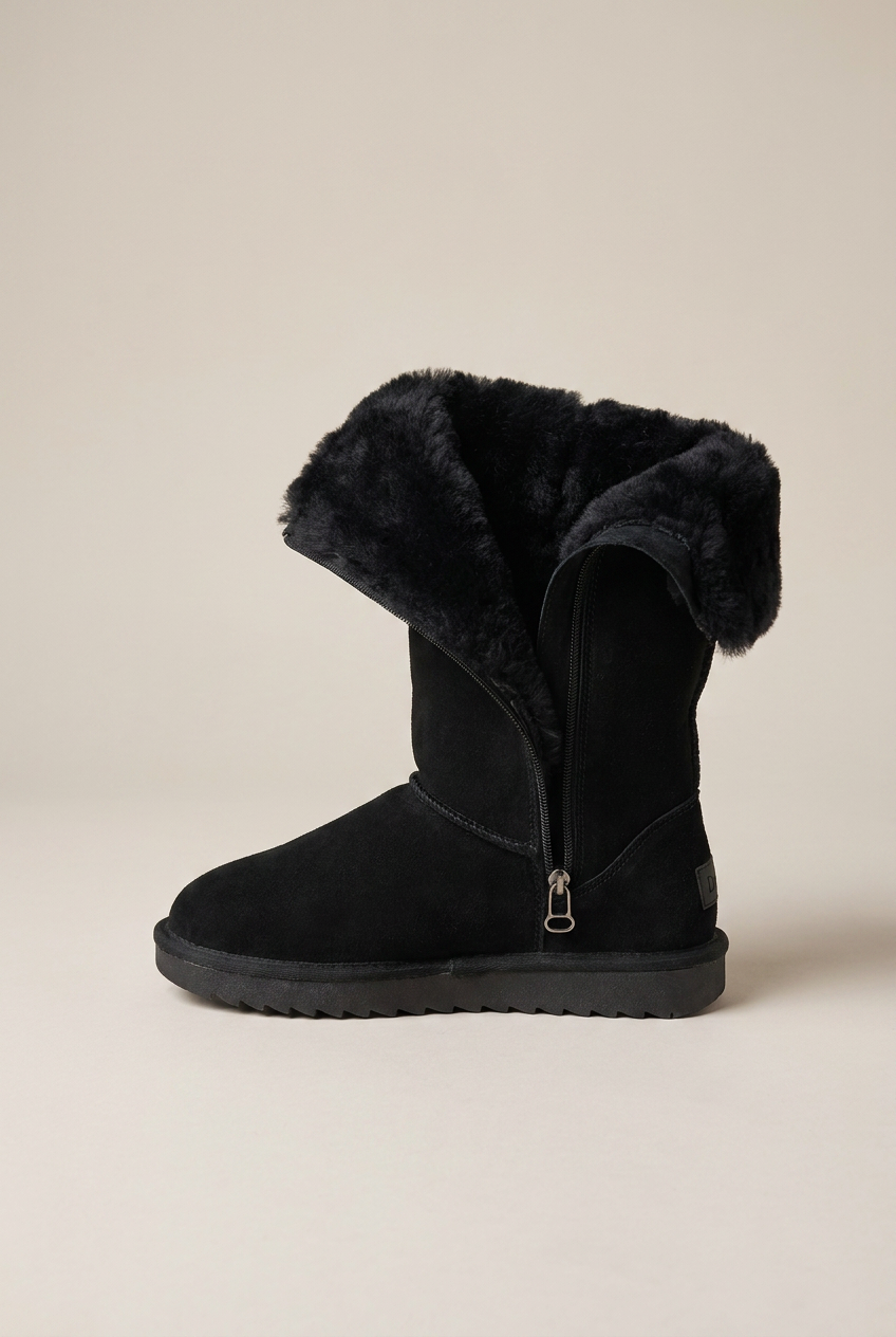 Ondine | Women's Fleece-Lined Knee High Boots Suede Round-Toe Flat Side-Zip Winter Boots