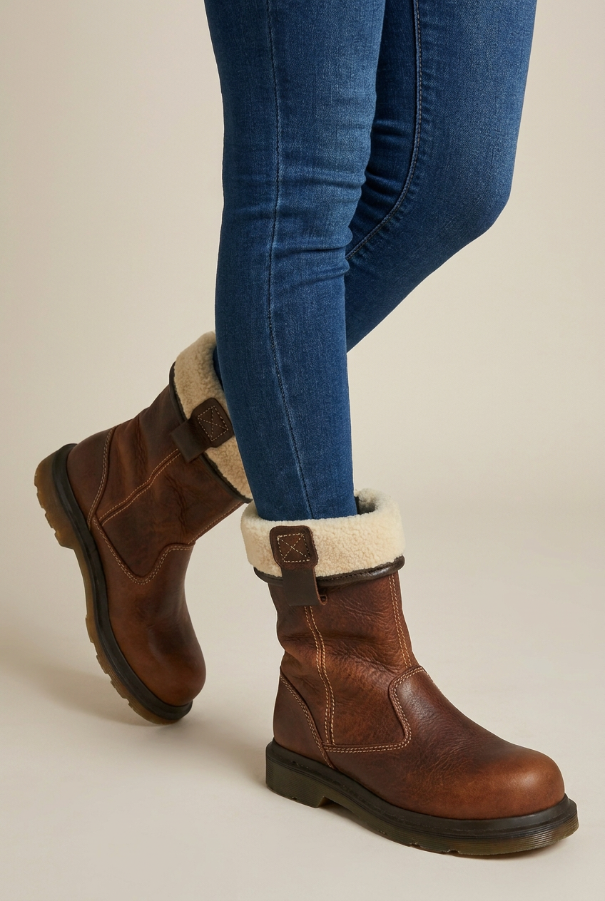 Margaux | Women's Leather Fur-Lined Ankle Boots Round-Toe Flat Pull-On Winter Boots