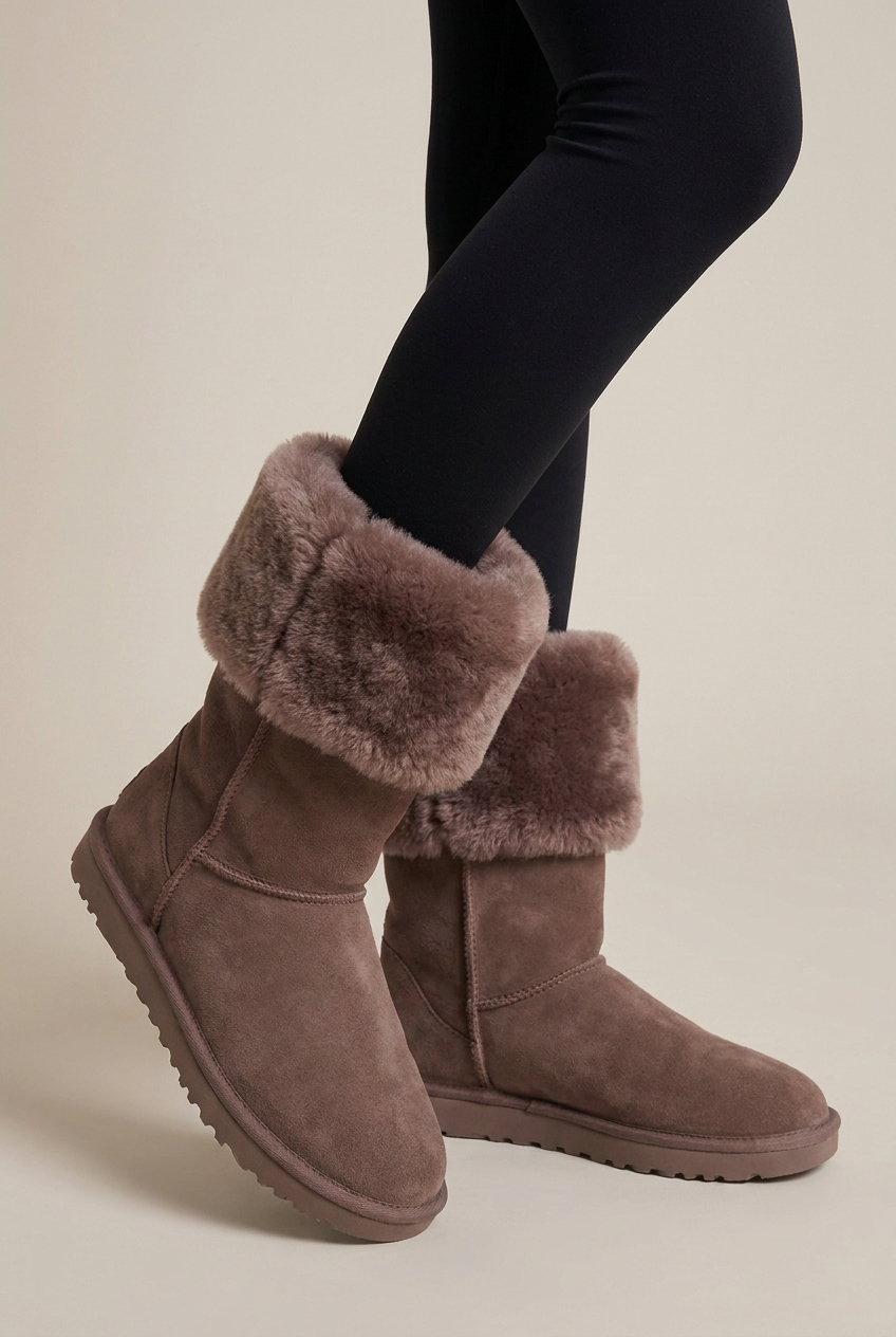Ondine | Women's Fleece-Lined Knee High Boots Suede Round-Toe Flat Side-Zip Winter Boots