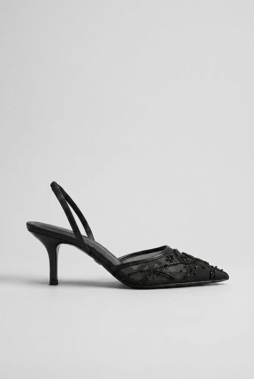 Ondine | Women's Embroidered Mesh Slingback Kitten Heels Pointed-Toe Wedding Occasion Shoes