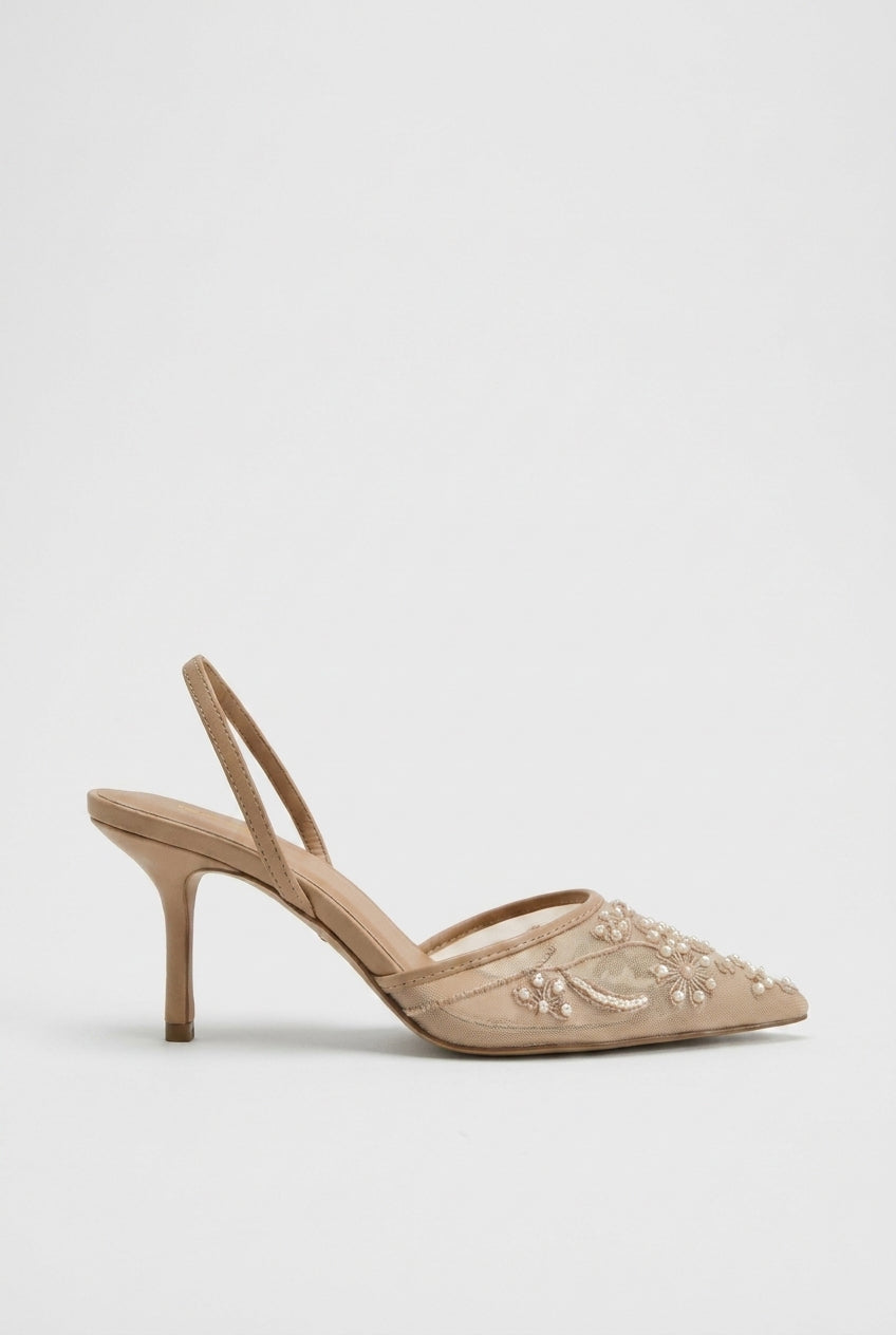 Ondine | Women's Embroidered Mesh Slingback Kitten Heels Pointed-Toe Wedding Occasion Shoes
