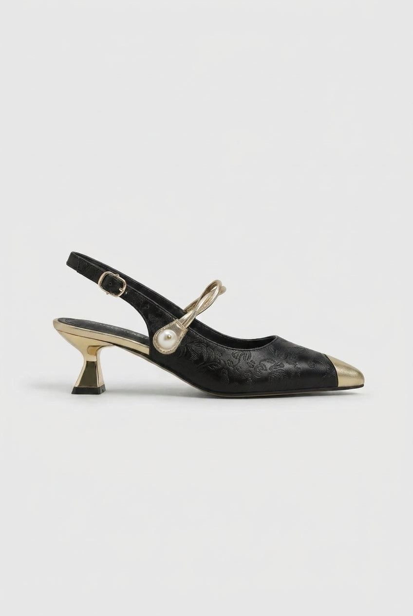 Ondine | Women's Kitten Heel Pumps Pointed-Toe Slingback Pearl-Strap Dress Heels