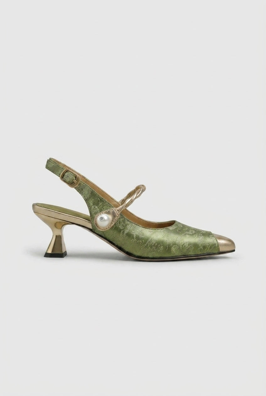 Ondine | Women's Kitten Heel Pumps Pointed-Toe Slingback Pearl-Strap Dress Heels