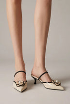 Reine | Women's Kitten Heel Mules Pointed-Toe Slip-On Floral Pearl Dress Heels