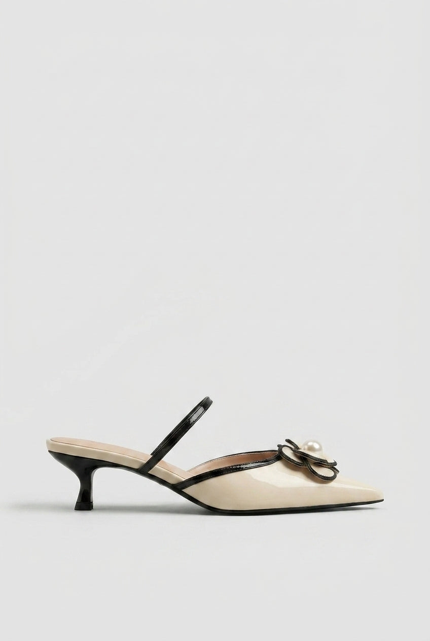 Reine | Women's Kitten Heel Mules Pointed-Toe Slip-On Floral Pearl Dress Heels
