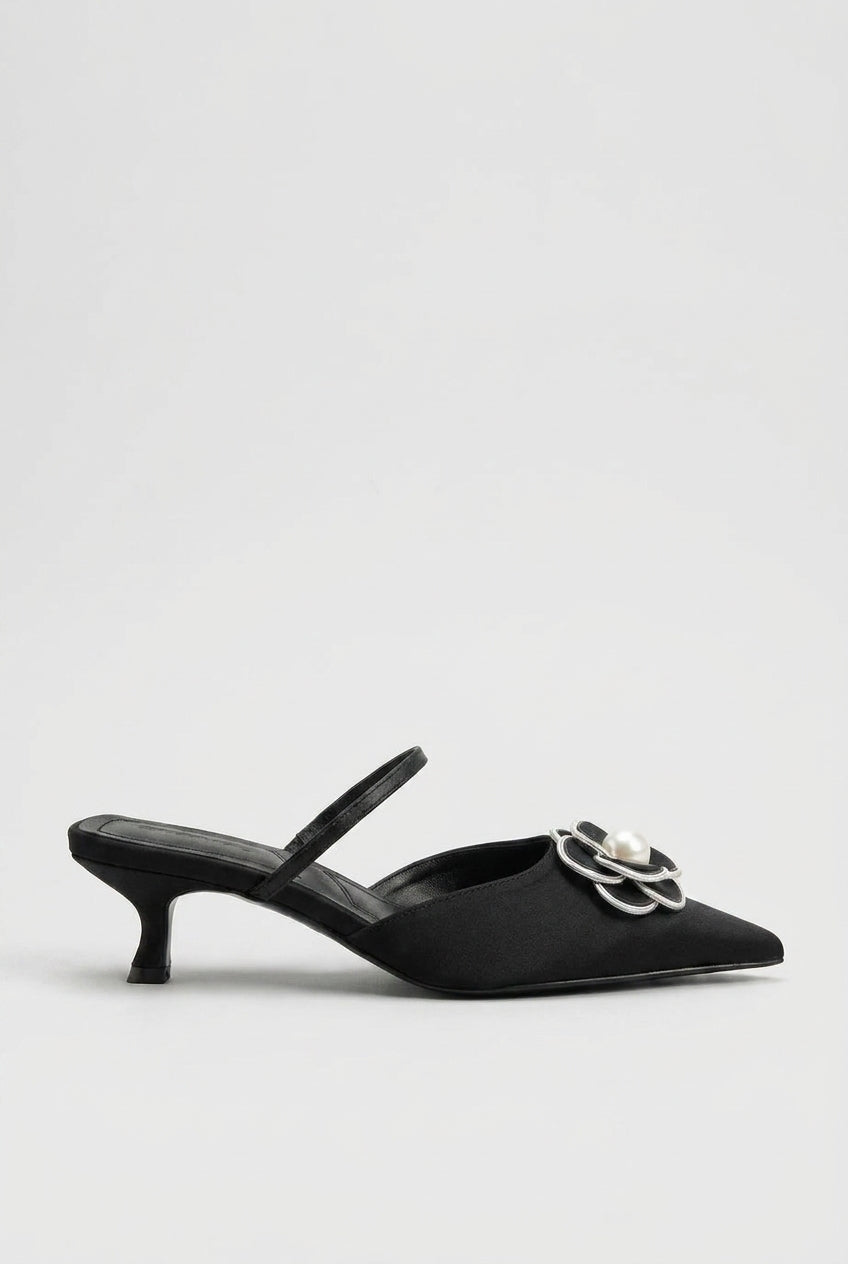 Reine | Women's Kitten Heel Mules Pointed-Toe Slip-On Floral Pearl Dress Heels
