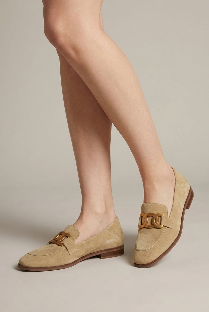 Margaux | Women's Suede Loafers Flat Slip-On Chain-Detail Almond-Toe Everyday Shoes