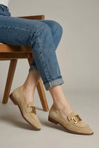 Margaux | Women's Suede Loafers Flat Slip-On Chain-Detail Almond-Toe Everyday Shoes