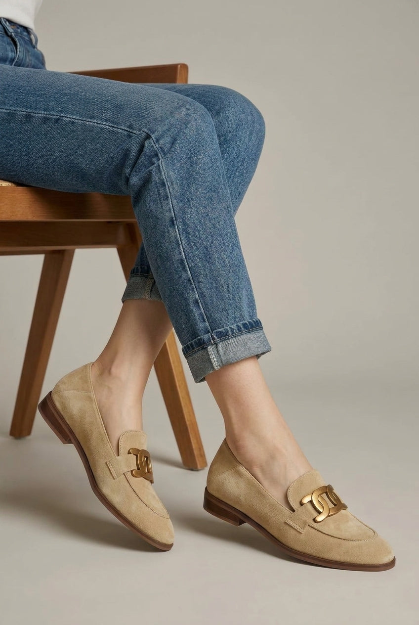 Margaux | Women's Suede Loafers Flat Slip-On Chain-Detail Almond-Toe Everyday Shoes