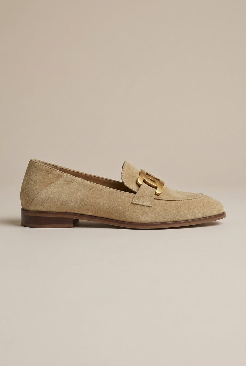 Margaux | Women's Suede Loafers Flat Slip-On Chain-Detail Almond-Toe Everyday Shoes
