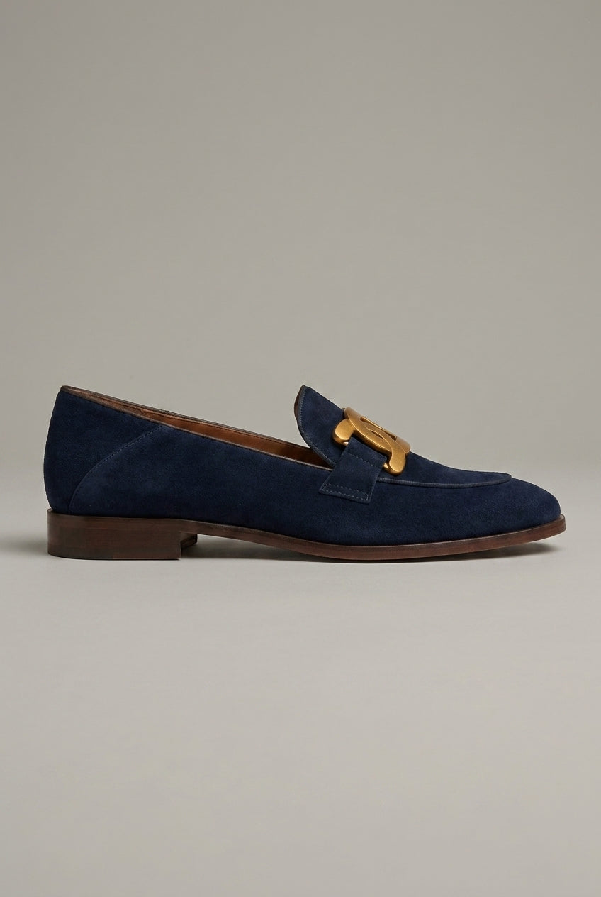 Margaux | Women's Suede Loafers Flat Slip-On Chain-Detail Almond-Toe Everyday Shoes