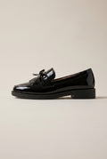 Reine | Women's Patent Block Heel Loafers Square-Toe Tassel Bow Slip-On Work Shoes