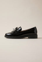 Reine | Women's Patent Block Heel Loafers Square-Toe Tassel Bow Slip-On Work Shoes