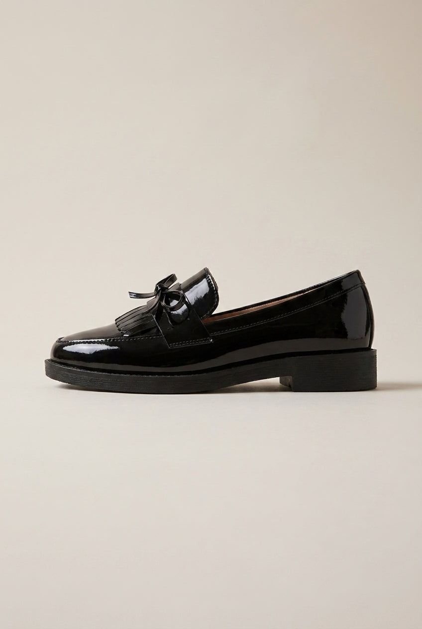 Reine | Women's Patent Block Heel Loafers Square-Toe Tassel Bow Slip-On Work Shoes