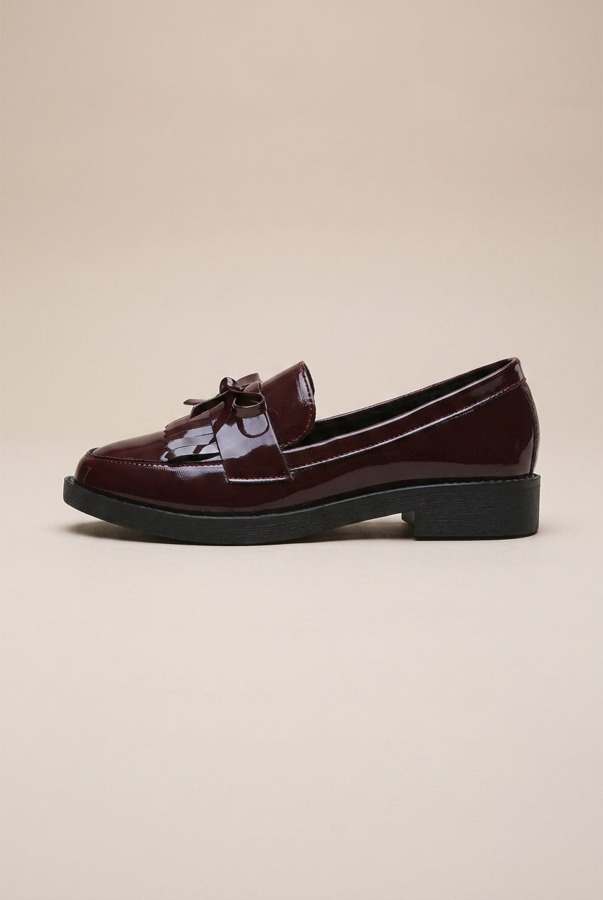 Reine | Women's Patent Block Heel Loafers Square-Toe Tassel Bow Slip-On Work Shoes
