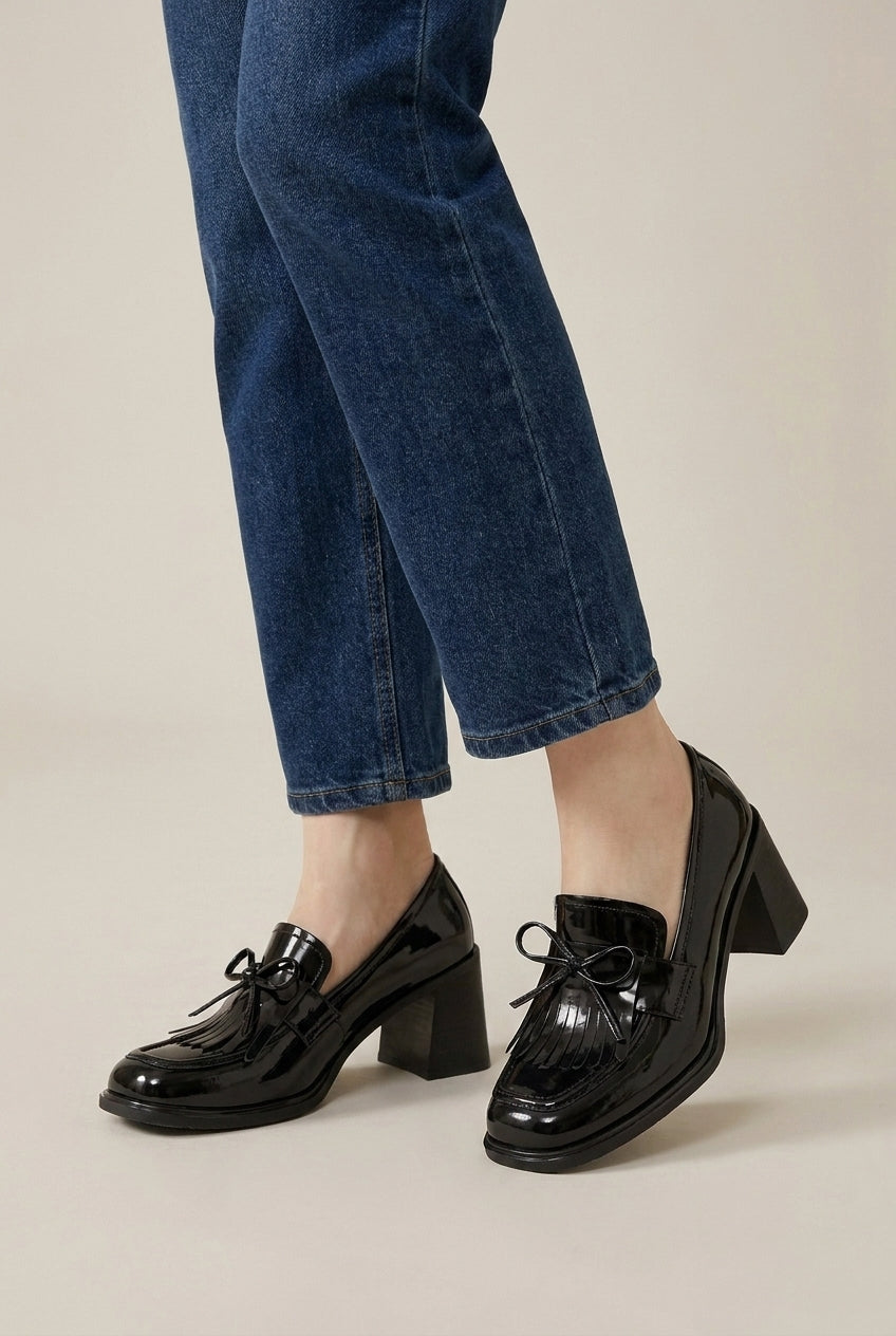 Margaux | Women's Tassel Bow Heeled Loafers Square-Toe Block-Heel Slip-On Shoes