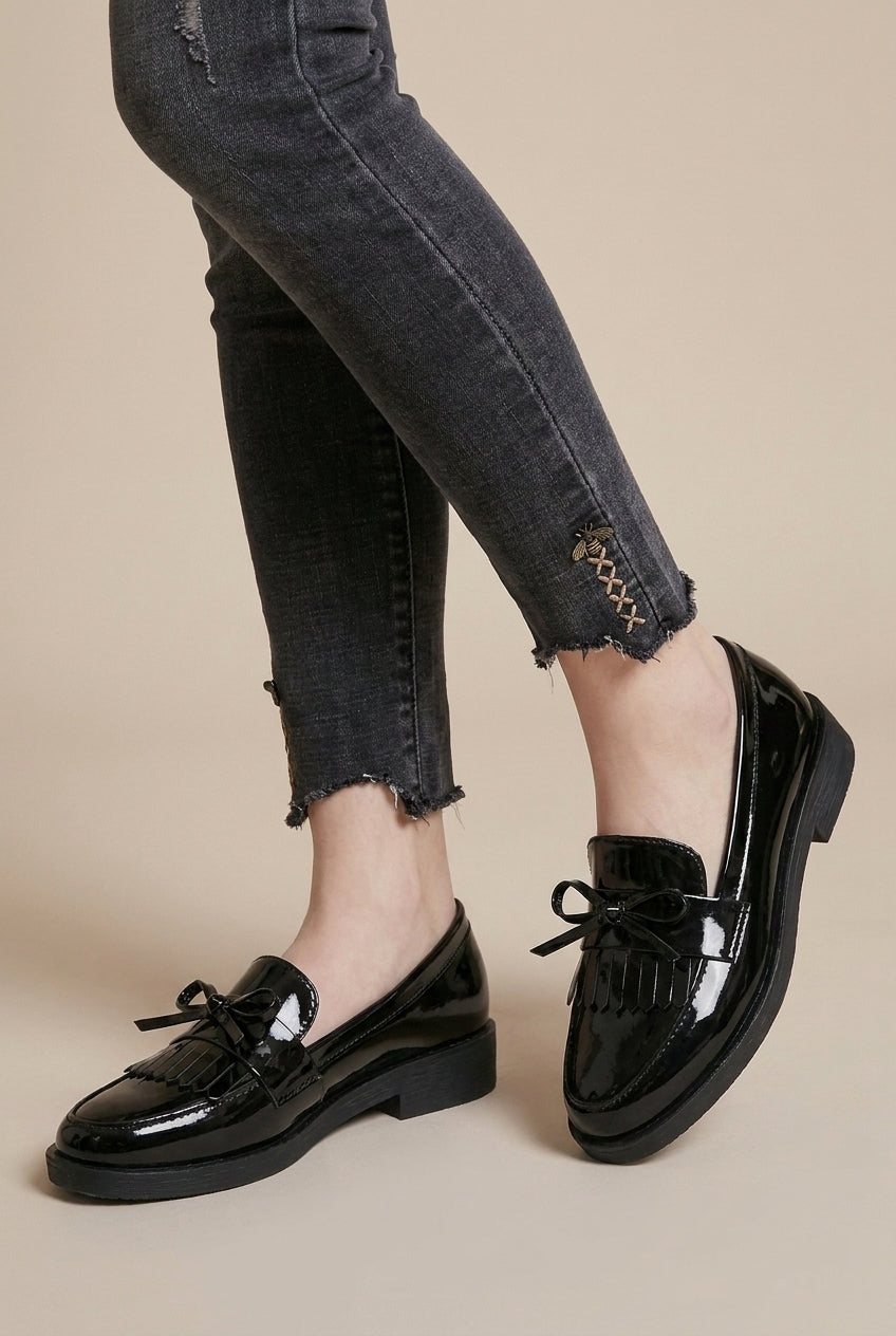 Reine | Women's Patent Block Heel Loafers Square-Toe Tassel Bow Slip-On Work Shoes