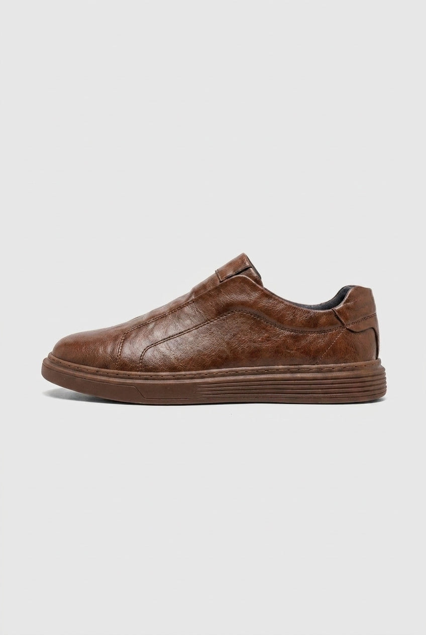 Cavalier | Men's Leather Slip-On Sneakers Round-Toe Ridged-Sole Everyday Shoes