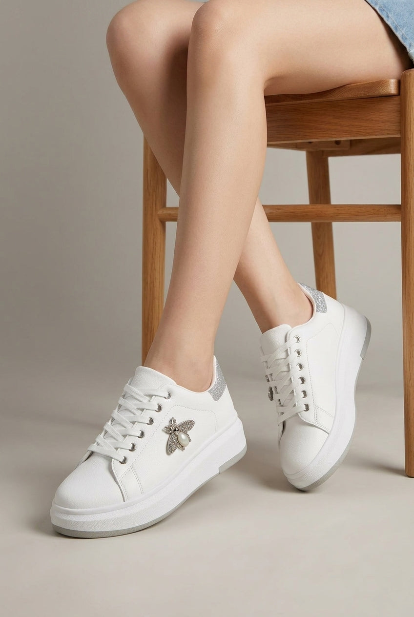 Nacre | Women's Platform Trainers Lace-Up Charm Detail Sneakers