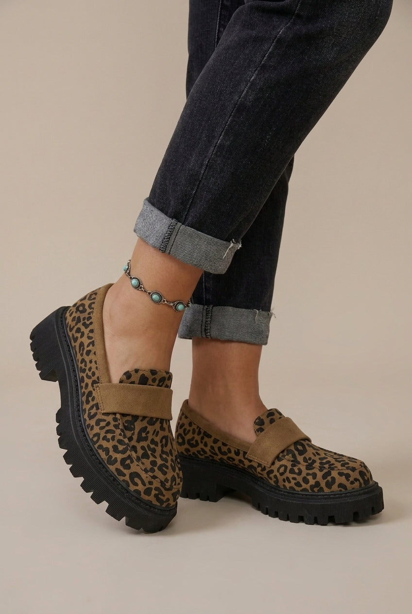 Reine | Women's Leopard Print Platform Loafers Chunky Sole Slip-On