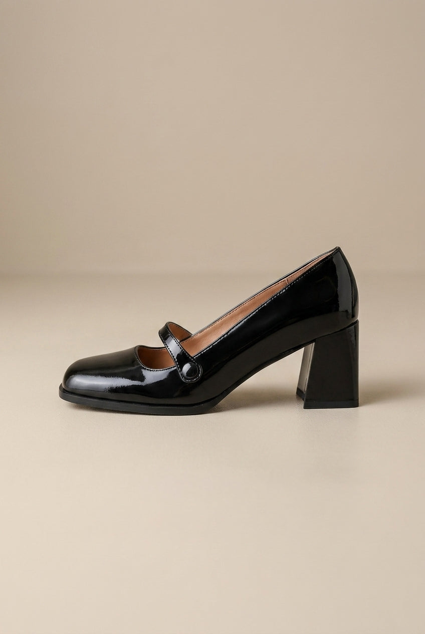 Reine | Women's Patent Leather Square-Toe Mary Jane Heels Tie-Strap Pumps