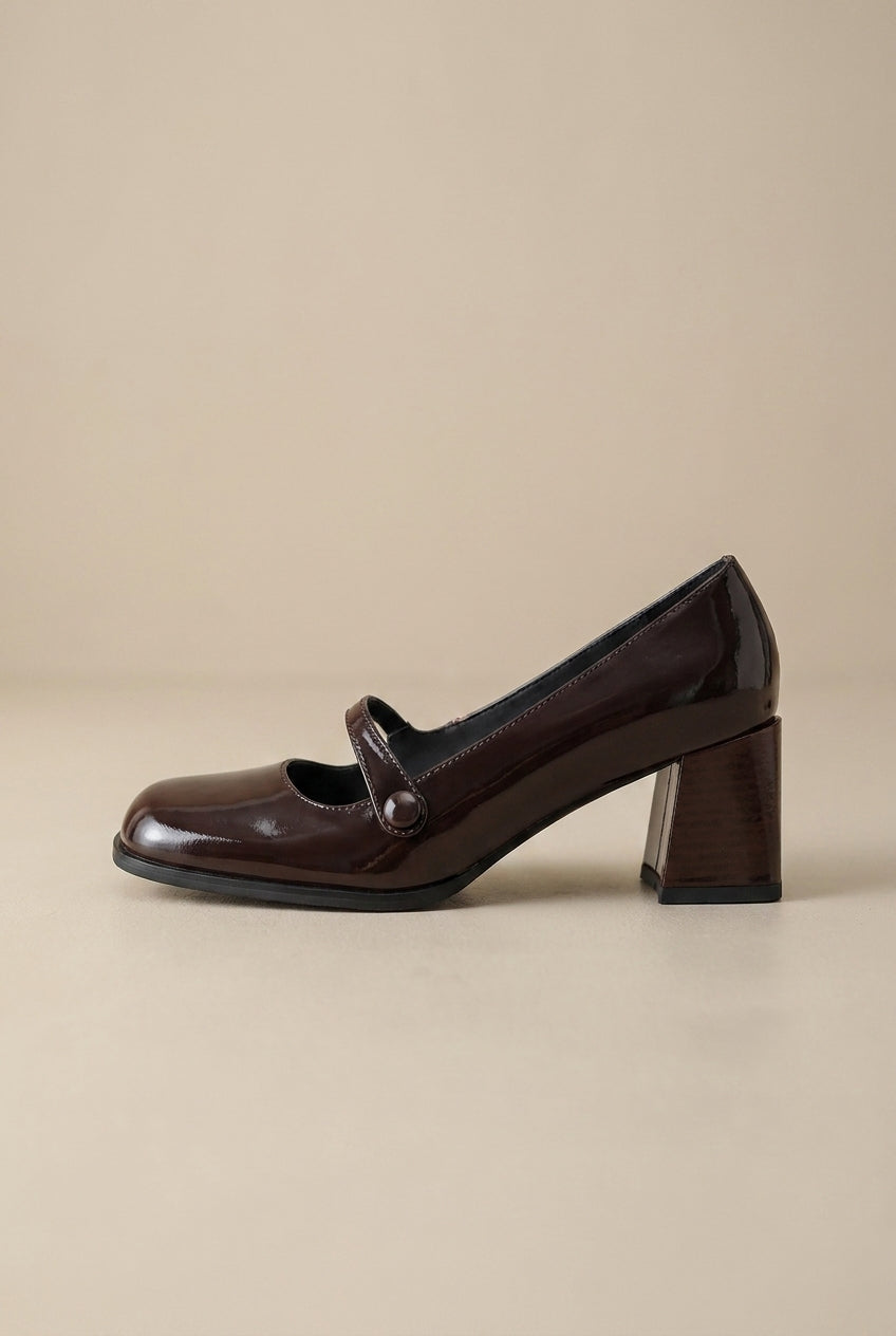Reine | Women's Patent Leather Square-Toe Mary Jane Heels Tie-Strap Pumps