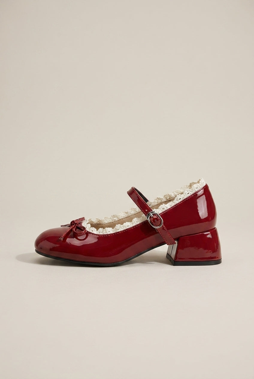 Ondine | Women's Lace Bow Mary Jane Pumps Mid-Heel Round-Toe Shoes