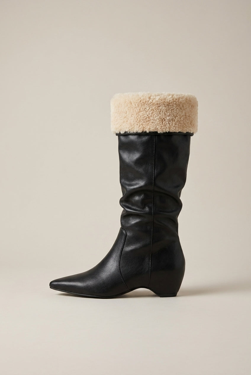 Séraphine | Women's Fleece-Lined Pointed-Toe Ruched Block Heel Knee High Boots