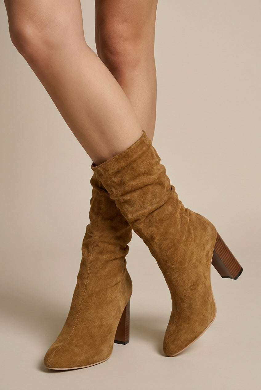 Margaux | Women's Suede High Block Heel Mid-Calf Pointed-Toe Boots