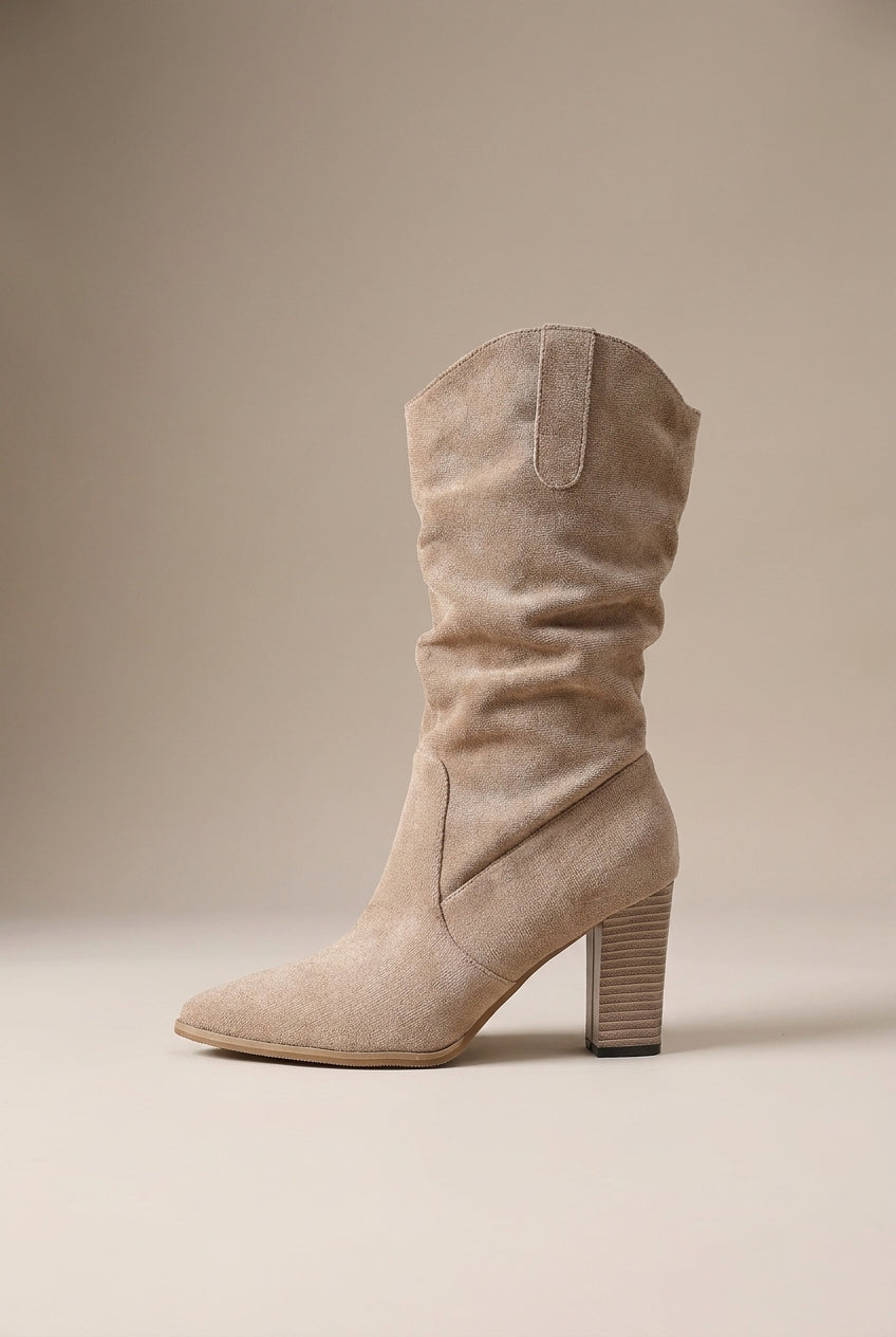 Margaux | Women's Pleated Suede Mid-Calf Pointed-Toe Chunky Heel Boots