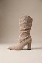 Margaux | Women's Pleated Suede Mid-Calf Pointed-Toe Chunky Heel Boots