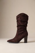 Margaux | Women's Pleated Suede Mid-Calf Pointed-Toe Chunky Heel Boots