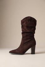 Margaux | Women's Pleated Suede Mid-Calf Pointed-Toe Chunky Heel Boots